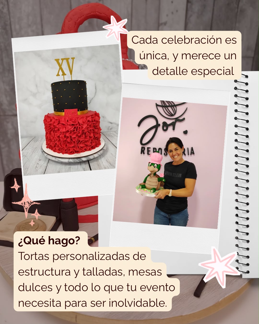 Tortas personalizadas y trabajo de Jor para celebraciones.